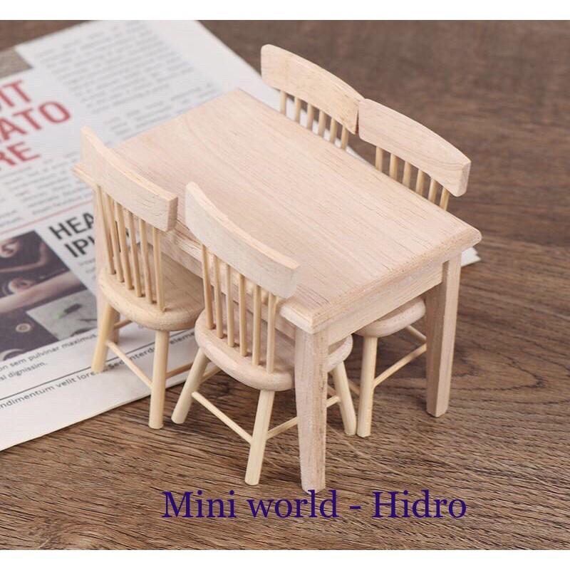 Bộ bàn ghế trang trí nhà búp bê. Bàn ghế ăn mini cho búp bê. Bàn ghế mini tỉ lệ 1/12. Mô hình bàn ghế gỗ