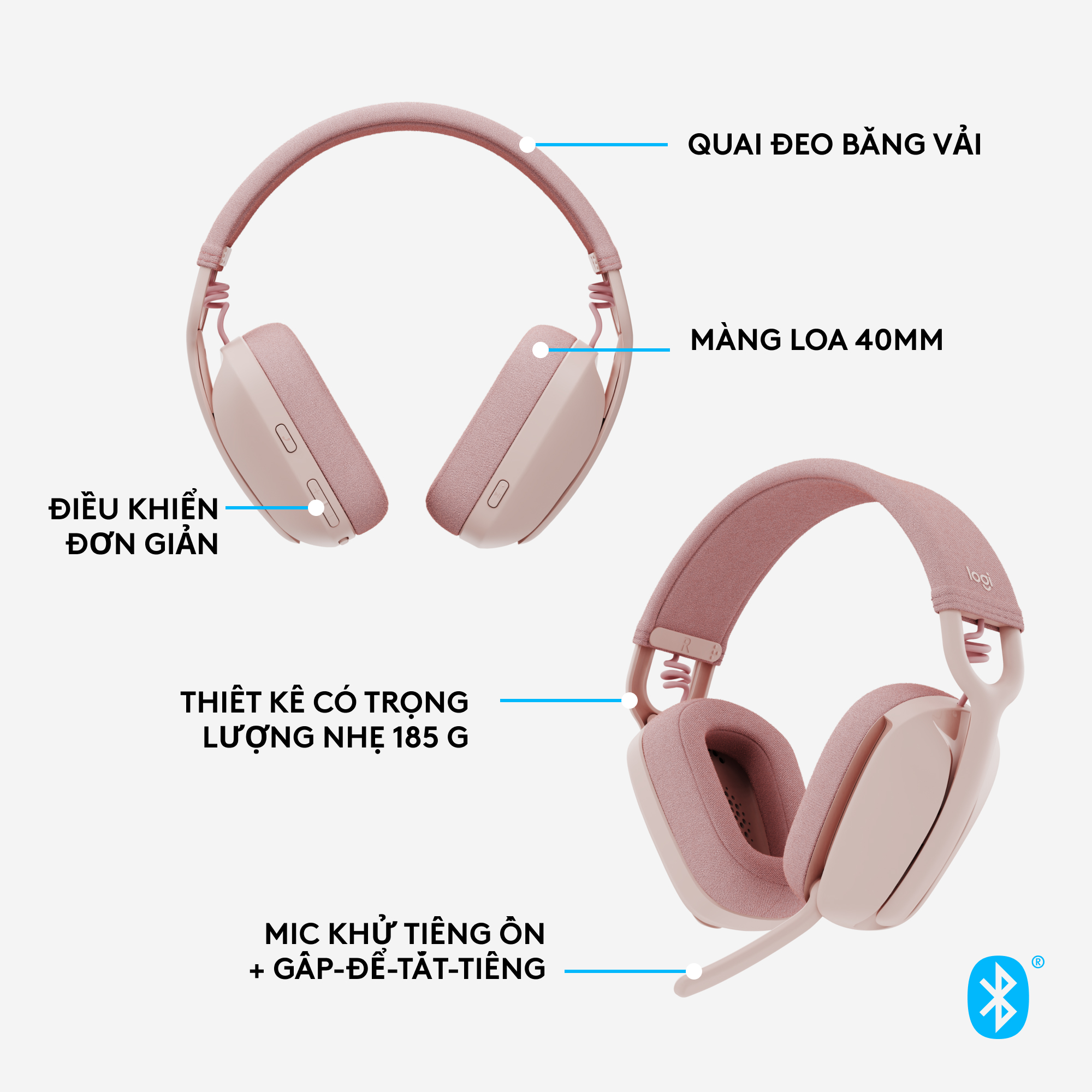 Tai nghe không dây Logitech Zone Vibe 100 nhẹ, với micrô khử tiếng ồn, Tai nghe Bluetooth Đa điểm Tiên tiến, Hoạt động với Teams, Google Meet, Zoom, Mac/PC - Hàng chính hãng