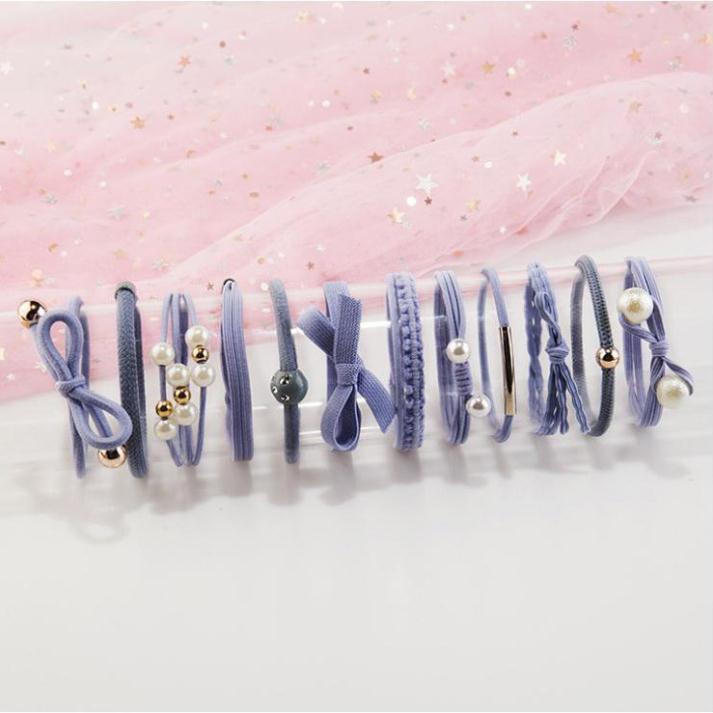 Set 12 dây cột tóc co giãn thiết kế thắt nơ đính hạt châu dễ thương