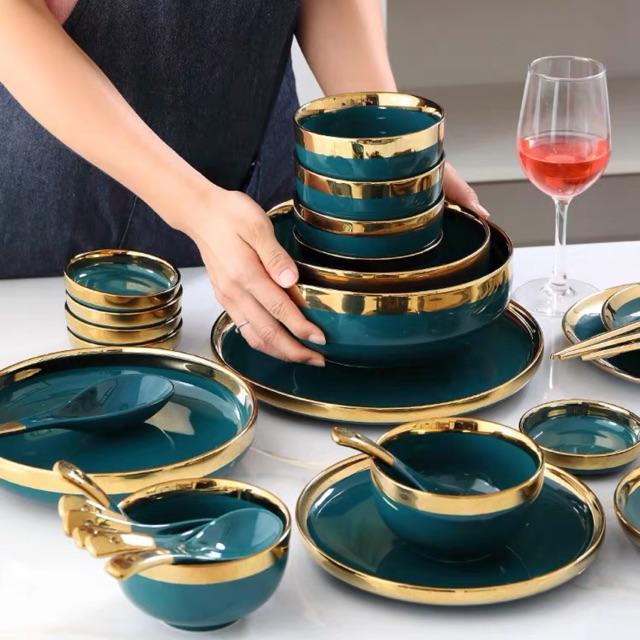 Bộ 6 bát sứ xanh viền vàng cao cấp