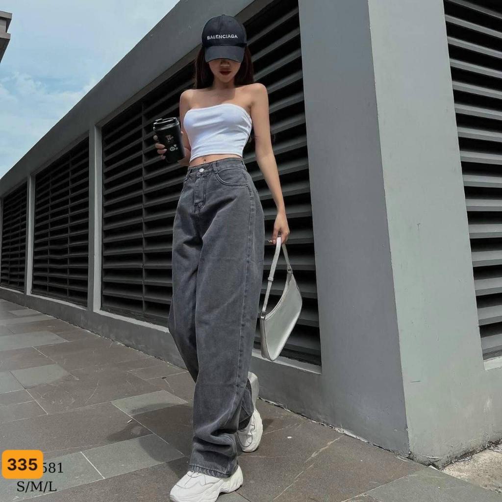 Quần baggy jean lưng cao ống suông chất cotton dày mềm ít co giãn