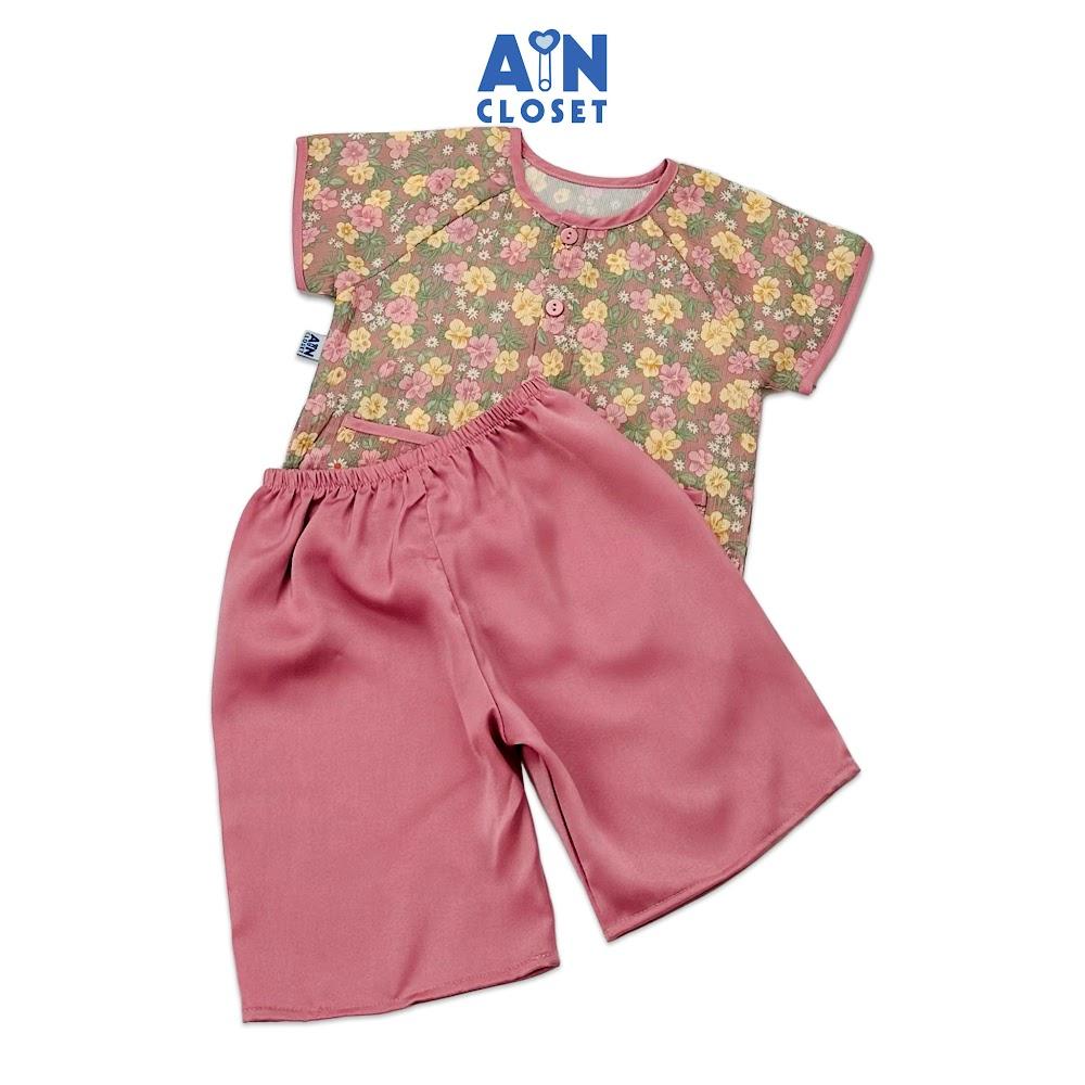 Bộ quần áo Bà ba lửng bé gái họa tiết hoa Mai Đào lụa tằm - AICDBGVXPDGL - AIN Closet