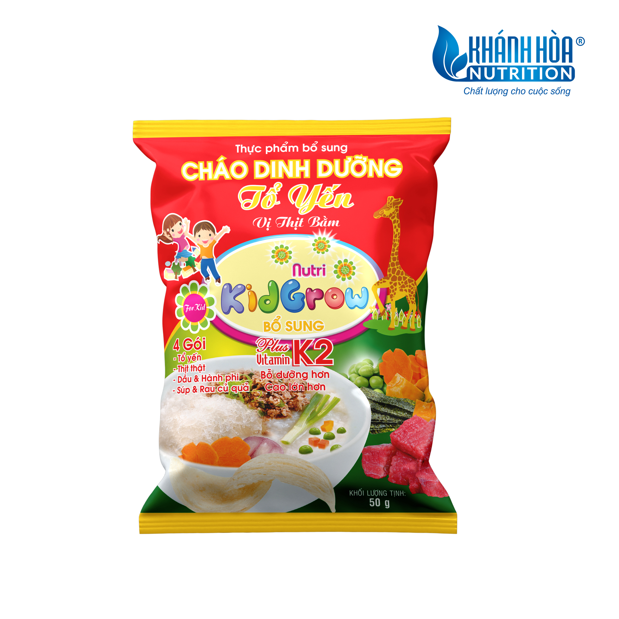 Cháo Dinh Dưỡng Tổ Yến Nutri Kidgrow Vị Cá Hồi & Tôm Bổ Sung Vitamin K2 - Khánh Hòa Nutrifoods -Gói 50 Gram / Thùng 30 Gói