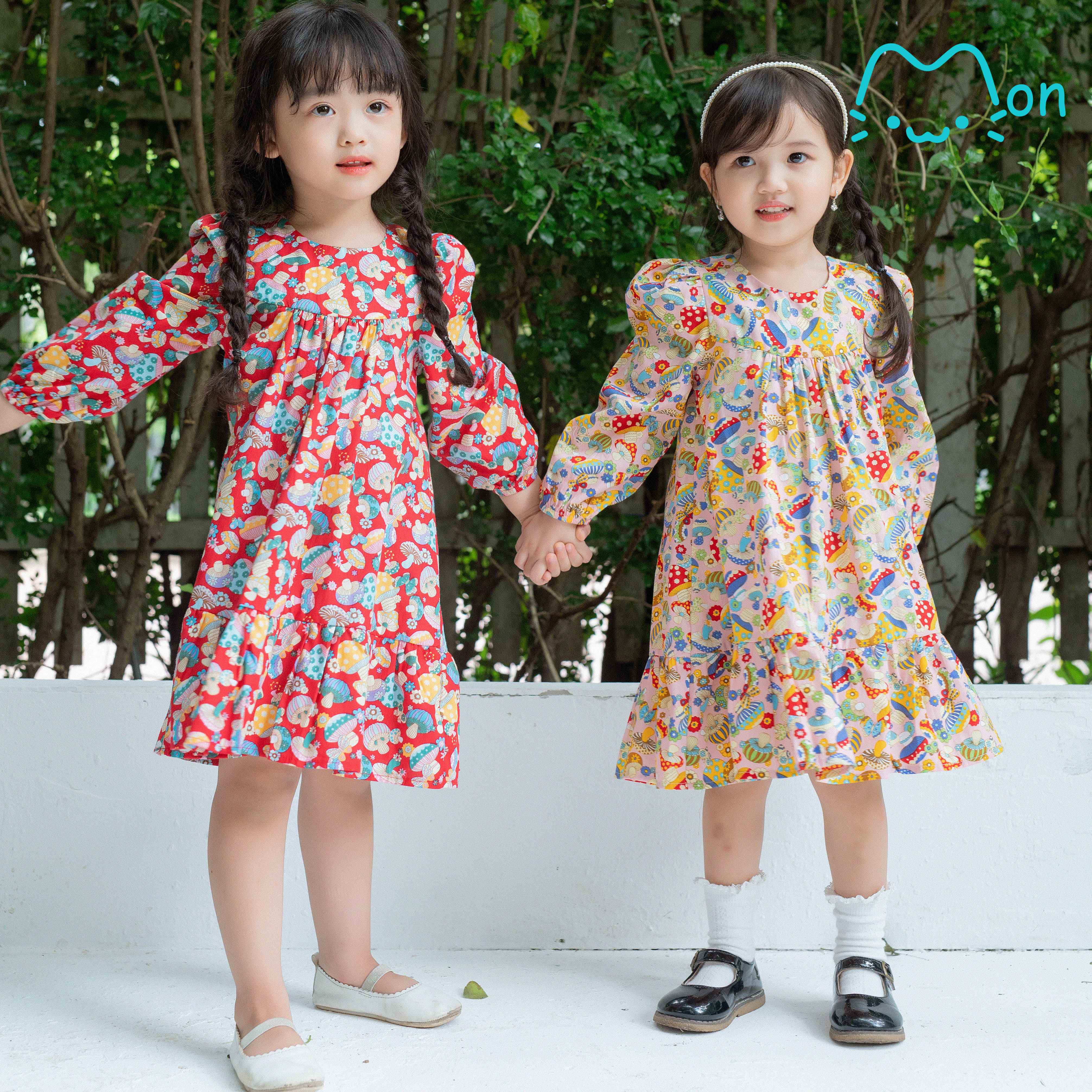 Váy Babydoll Cotton dài tay họa tiết cây nấm xinh xắn cho bé gái VL06, VL07