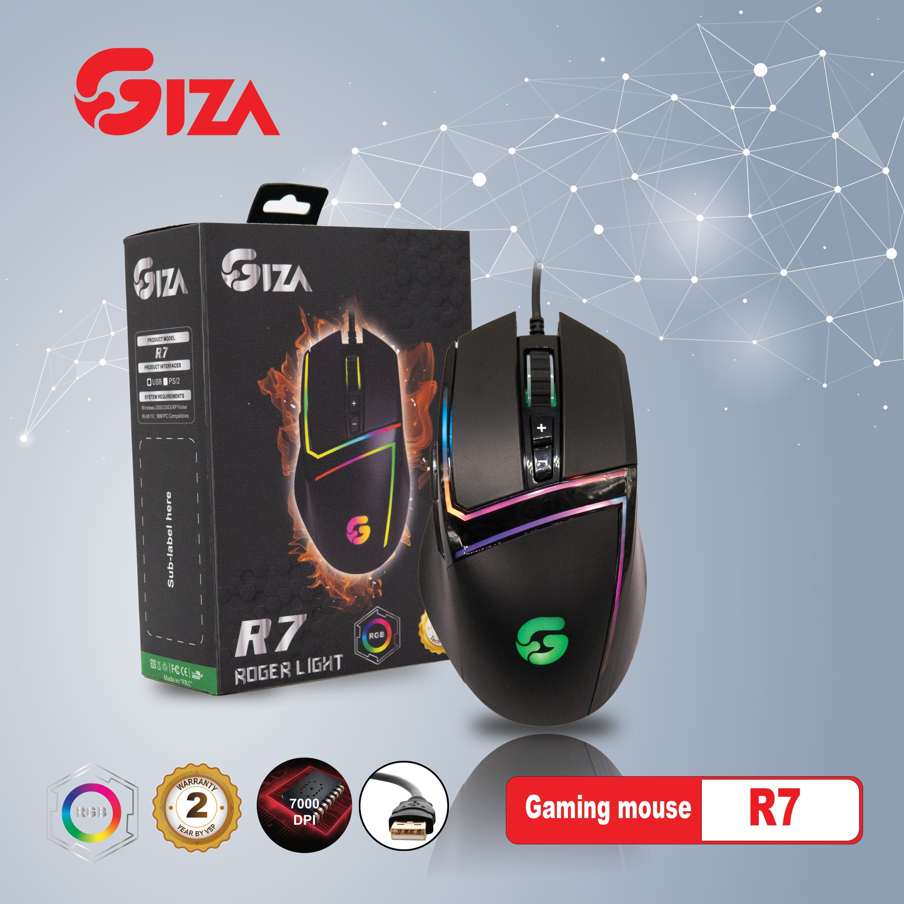 Chuột chuyên game GIZA R7 - cổng USB HN Led RGB Gaming 7000 DPI - HÀNG NHẬP KHẨU