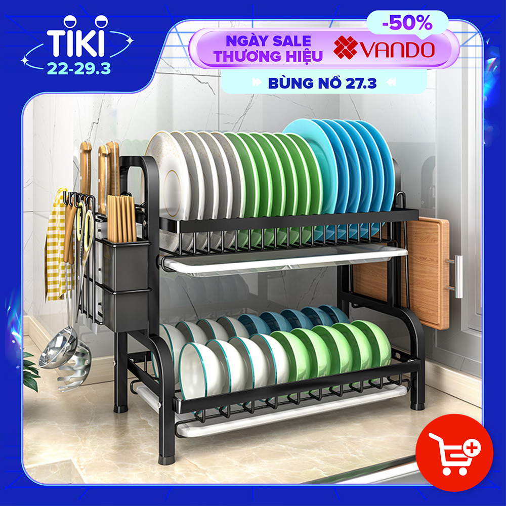 Kệ chén bát đĩa 2 tầng INOX 304 cao cấp sơn đen tĩnh điện kèm khay ráo nước VANDO, giá kệ úp bát khô ráo trên bàn bếp gọn gàng, sạch sẽ, kệ đa năng tiết kiệm không gian