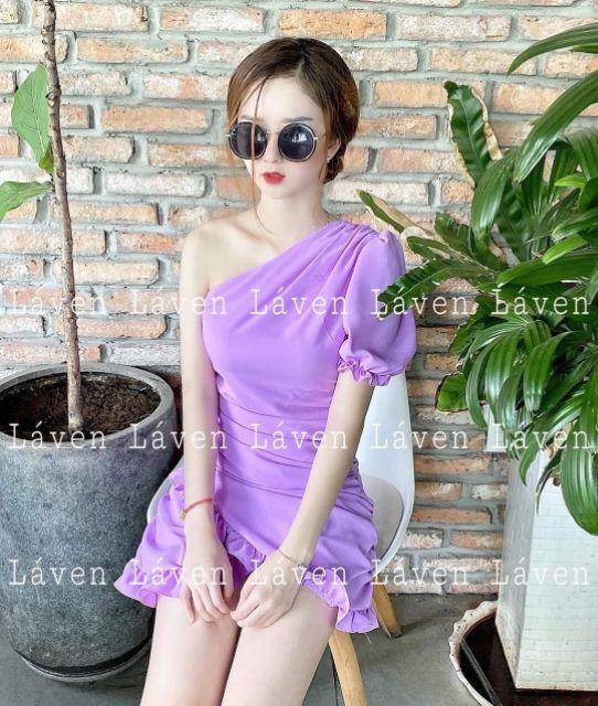Đầm nữ dáng suông kiểu trễ vai 1 bên nhún