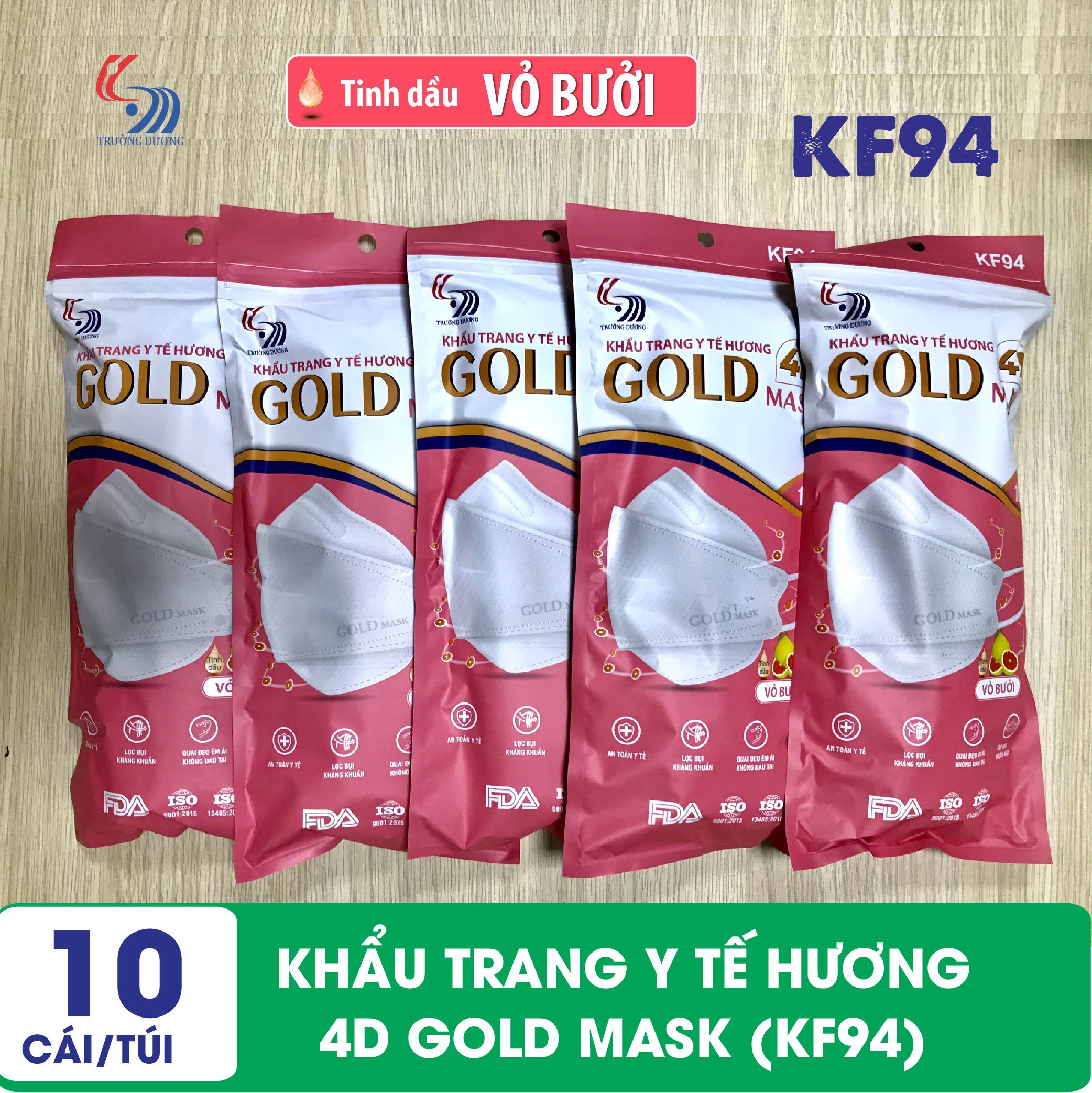 Khẩu trang y tế Hương tinh dầu Vỏ Bưởi 4D Gold Mask (KF94) - Túi 10 chiếc