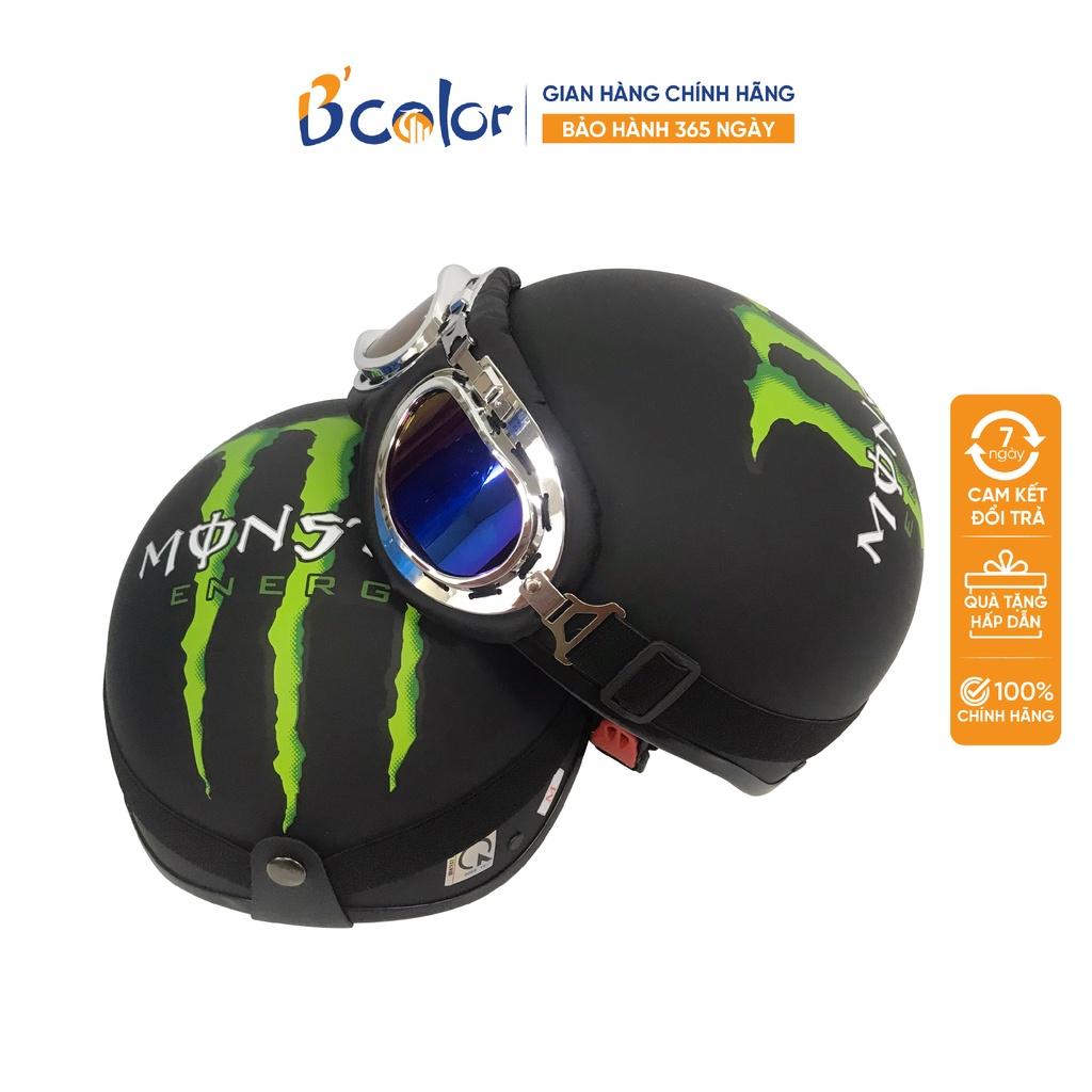 Mũ Bảo Hiểm B'color Loại Nửa Đầu Màu Đen Nhám Họa Tiết Monster Kèm Kính Thời Trang