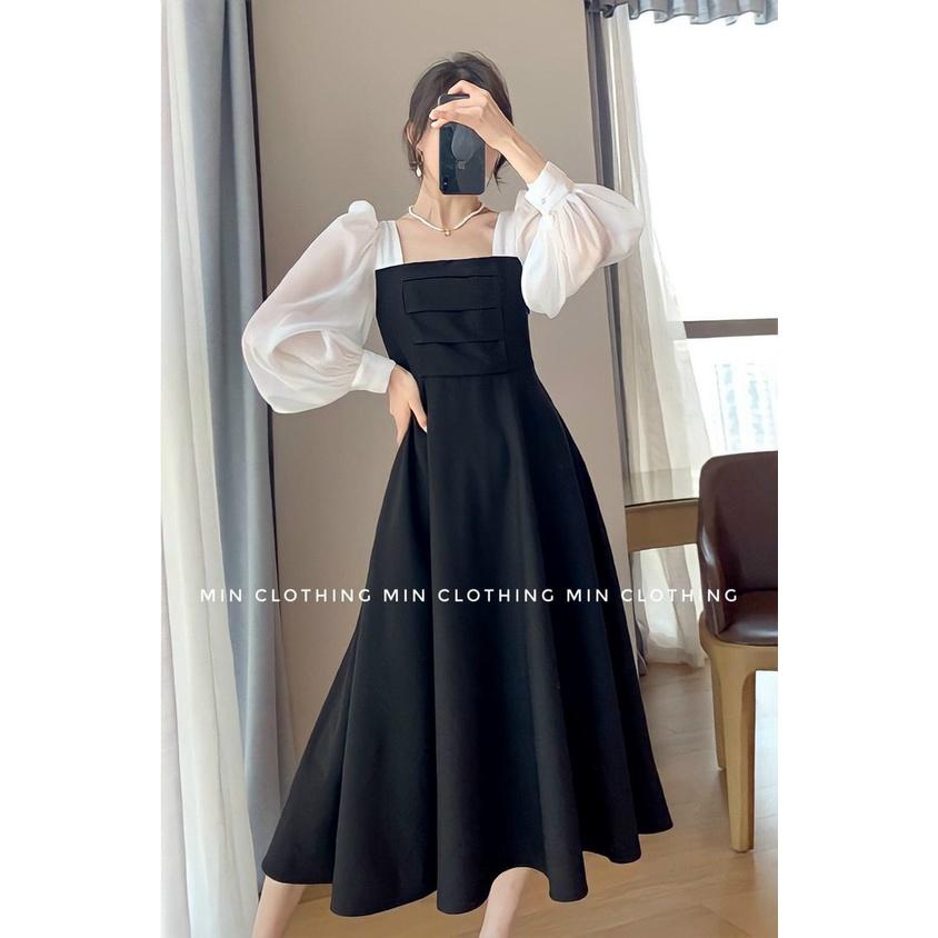 Đầm váy midi cổ vuông dài tay xếp ly ngực thời trang nữ dạo phố, dự tiệc