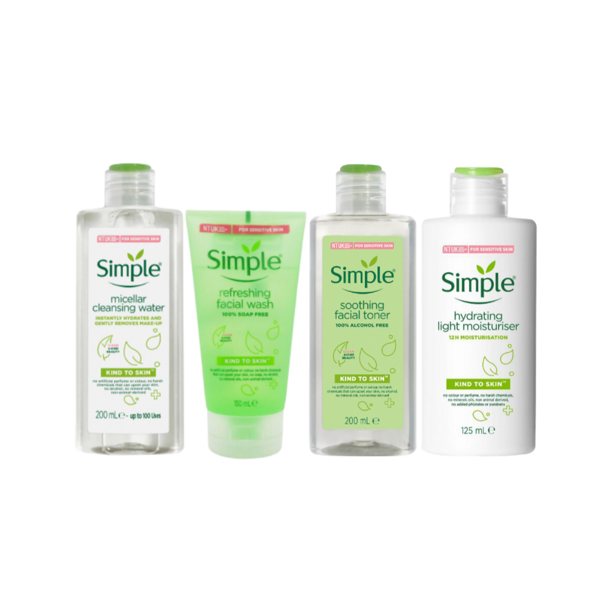 Combo Chăm Da Cơ Bản SIMPLE Nước Tẩy Trang 200ml + Sữa Rửa Mặt 150ml + Toner 200ml + Sữa dưỡng 125ml