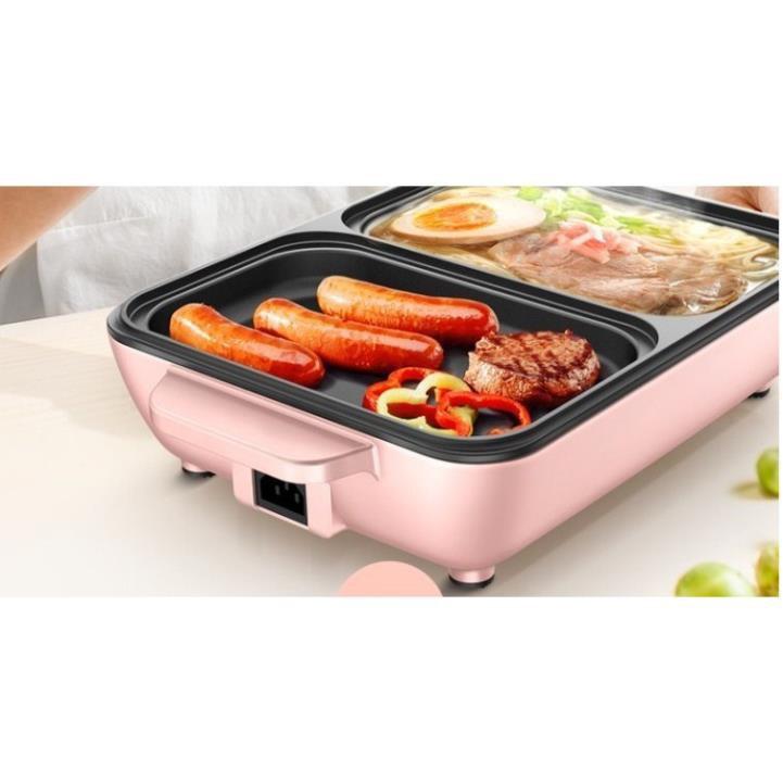 Bếp Điện Mini 2 Ngăn,Nồi Lẩu Nướng Đế Chống Dính | Công Dụng 5 Trong 1