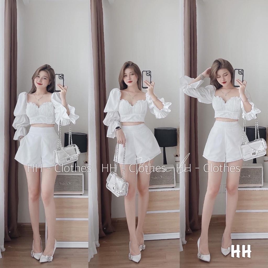 SET BỘ ĐI CHƠI, SET 2 MÓN ÁO CROPTOP CỔ VUÔNG TAY PHỒNG DÀI PHỐI QUẦN ĐÙI CỰC NỮ TÍNH