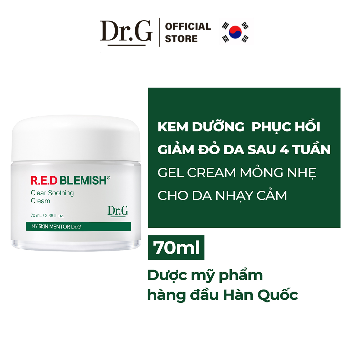 Combo Dr.G Kem Dưỡng R.E.D Blemish Clear Soothing Cream 70ml và Dr.G  Kem chống nắng Green Mild Up Sun Essence 50ml