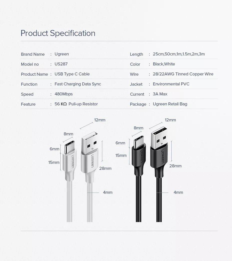 Ugreen UG60225US287TK 3m 2.0 màu trắng cáp Usb ra Type C sạc và truyền dữ liệu - HÀNG CHÍNH HÃNG