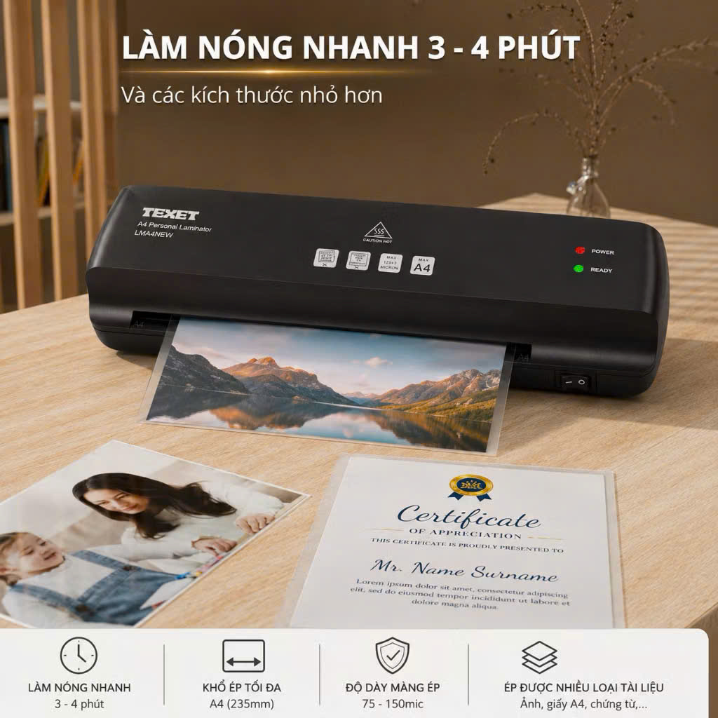 Máy ép nhựa khổ A4 Texet LMA4NEW model 2026 (Bảo hành 12 tháng)