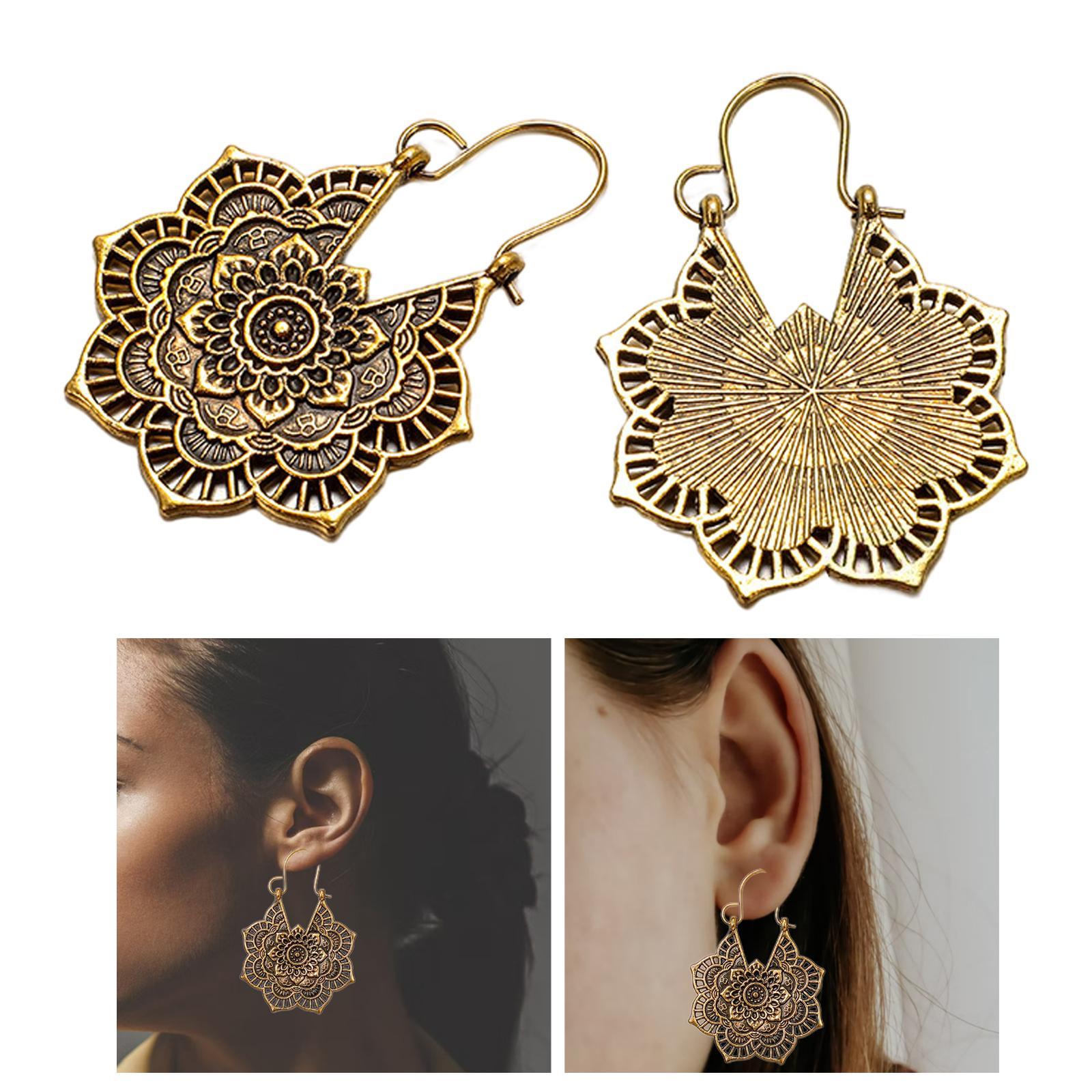 Women Ethnic Earrings Mandala Flower Retro Style Boho Tribal Ear Jewelry Gold