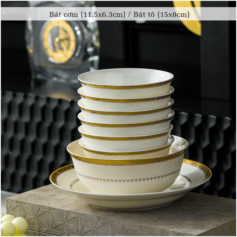 Bộ bát ăn cơm SỨ XƯƠNG Giang Tây cao cấp 56 chi tiết - Bộ chén ăn cơm sang trọng, tinh tế - Bát đĩa mỏng nhẹ nhưng cứng trong và cách nhiệt tốt. Mã GS15