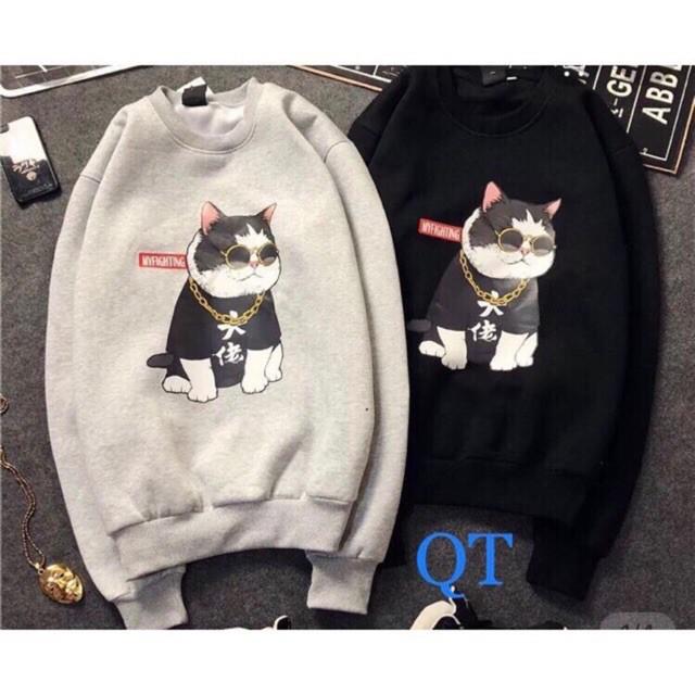 ( Best seller) Áo sweater nam nữ mèo kính đen có bigsize vải nỉ bông dày dặn