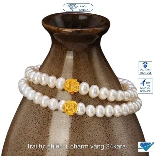 Vòng tay, lắc tay hạt trai charm hoa hồng/hoa sen phong thủy may mắn