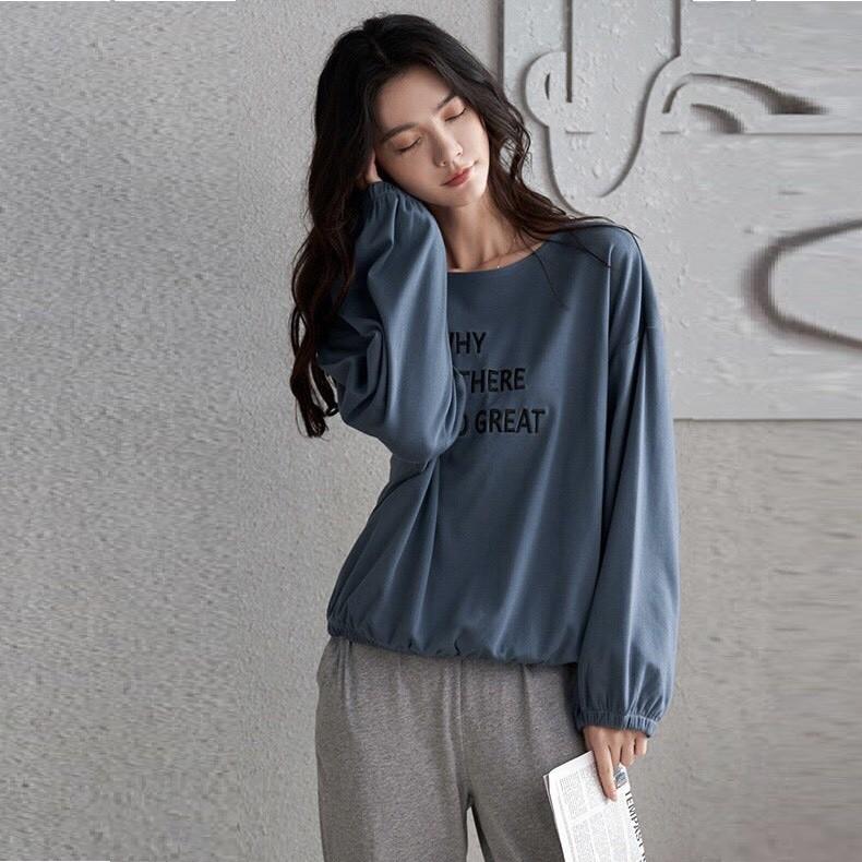 Bộ dài nữ mặc nhà thun cotton màu xanh ghi bo gấu vai buông (C338)