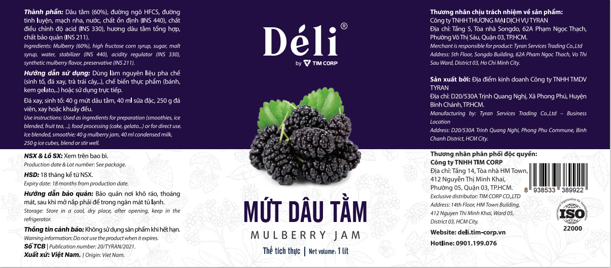 Mứt dâu tằm pha chế Déli - chai 1L