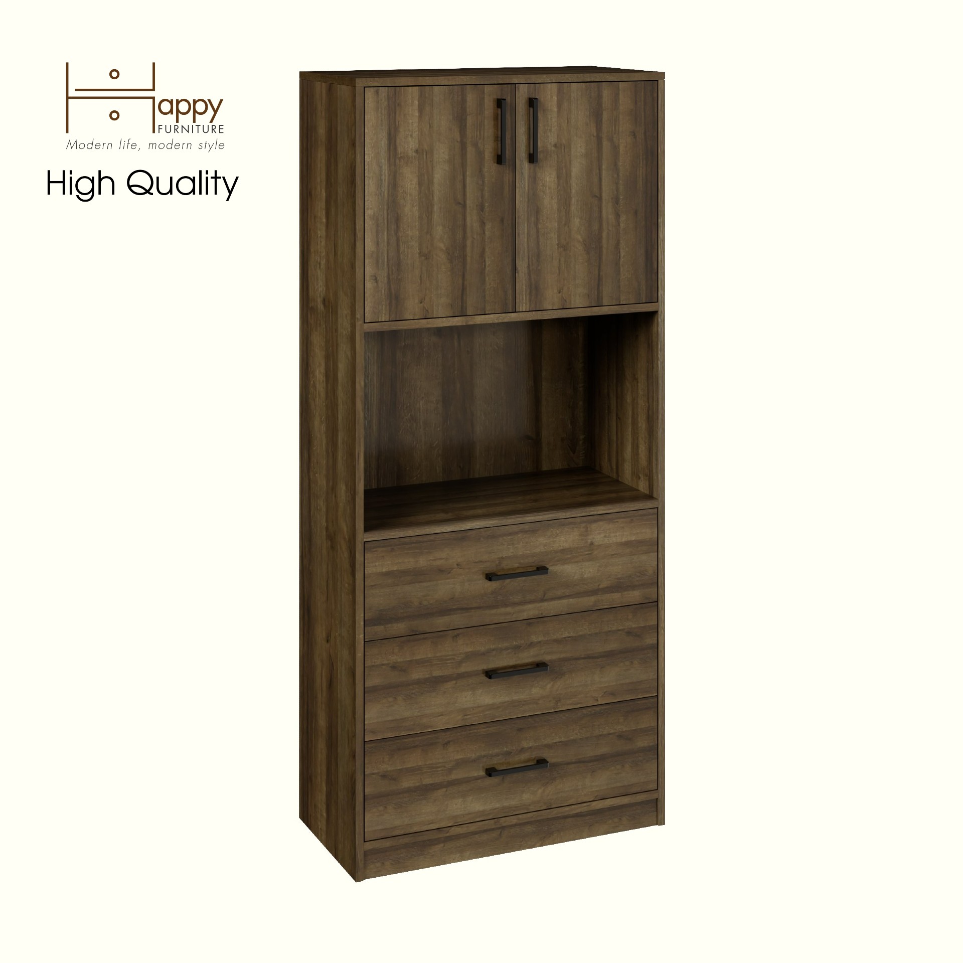 HAPPY FURNITURE , HEINEE - Kệ lưu trữ 2 cửa mở 3 ngăn kéo, TLT_038 , 70cm x 35cm x 160cm DxRxC, sản phẩm phổ thông