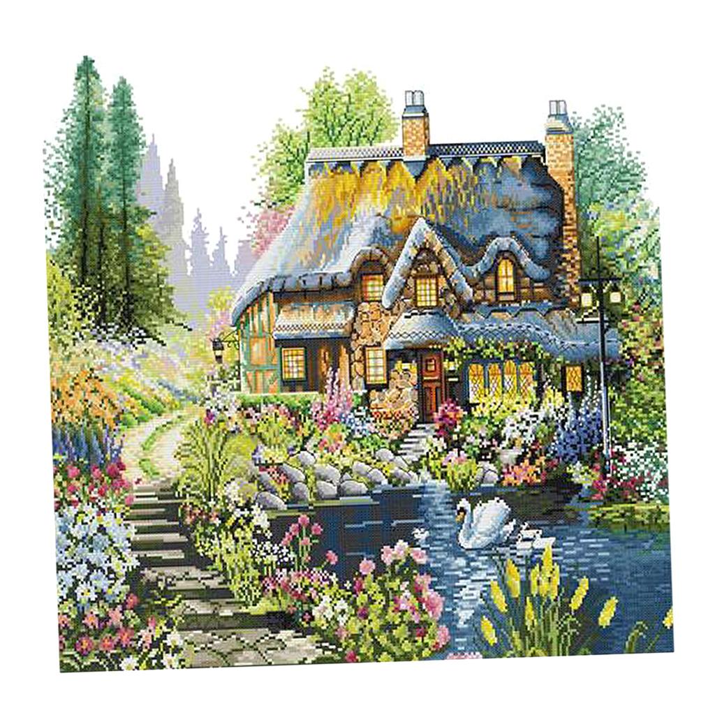 Stamped Cross Stitch Kit Embroidery Package - Cottage Pattern