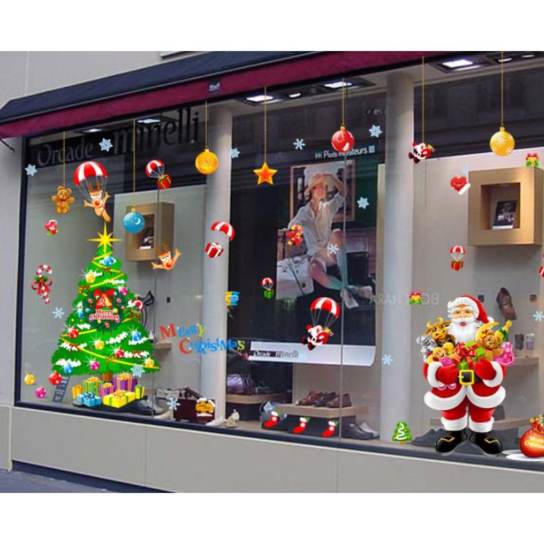 Decal trang trí noel bộ ghép size lớn ông già noel cây thông và phụ kiện treo