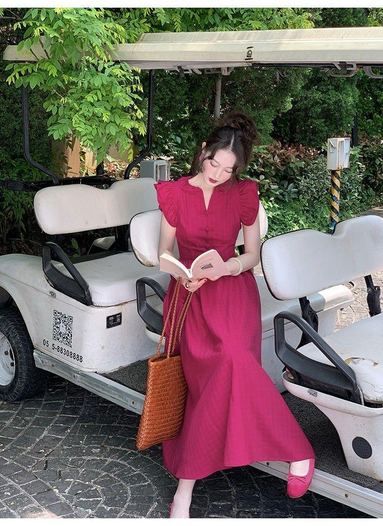 SHUANGYAN Phong cách Pháp phục cổ màu đỏ Tiểu Phi tay áo đầm nữ mùa hè thu eo lộ ra gầy chữ A váy đầm khí chất cao cấp cảm giác váy dài