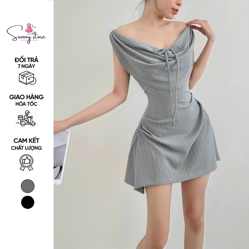 Đầm Body Xương Cá Trễ Vai Dây Nơ Dáng Ngắn Xoè Nhún Thân