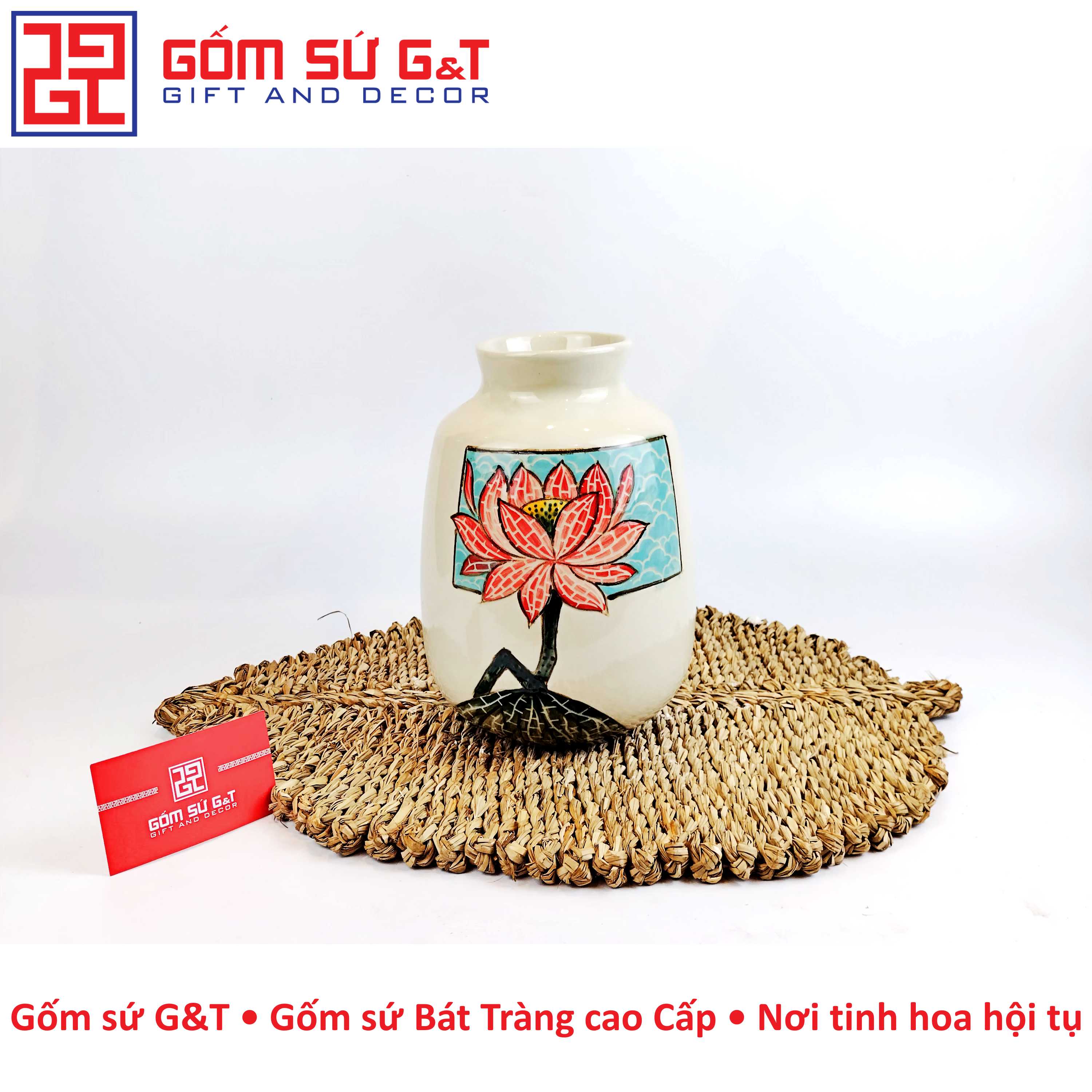 Lọ hoa vai vuông vẽ sen Gốm Sứ G&amp;T