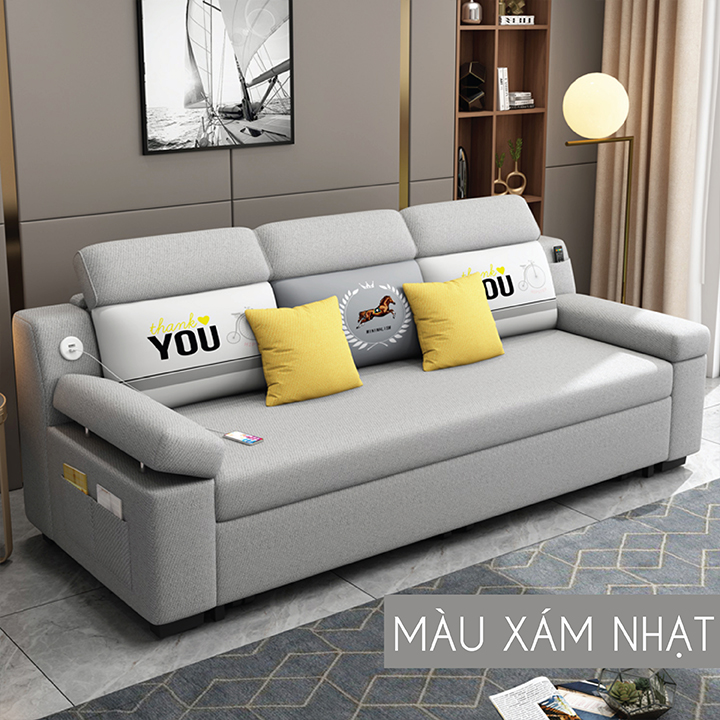 Sofa giường thông minh đa năng - Giường ngủ gấp gọn có khoang chứa đồ, cổng sạc USB, vỏ bọc là vải lanh cao cấp