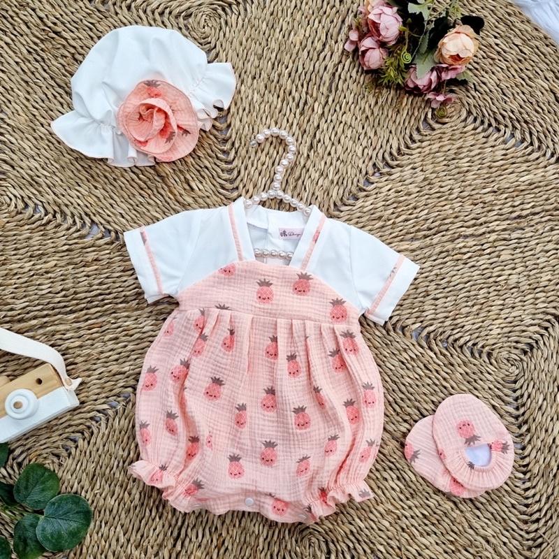Body Hanbok Hoạ Tiết Quả Dứa Hồng Chất XÔ MUSLIN Mềm Mại Êm Dịu Cho Bé