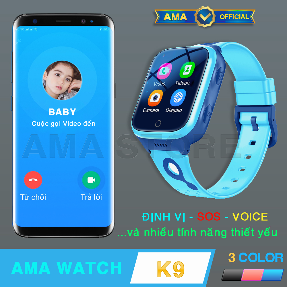 Đồng hồ Định vị Thông minh Gọi Video Call 4G GPS, Wifi, Pin Trâu Chống nước IP67 Model AMA Watch K9 Hàng nhập khẩu