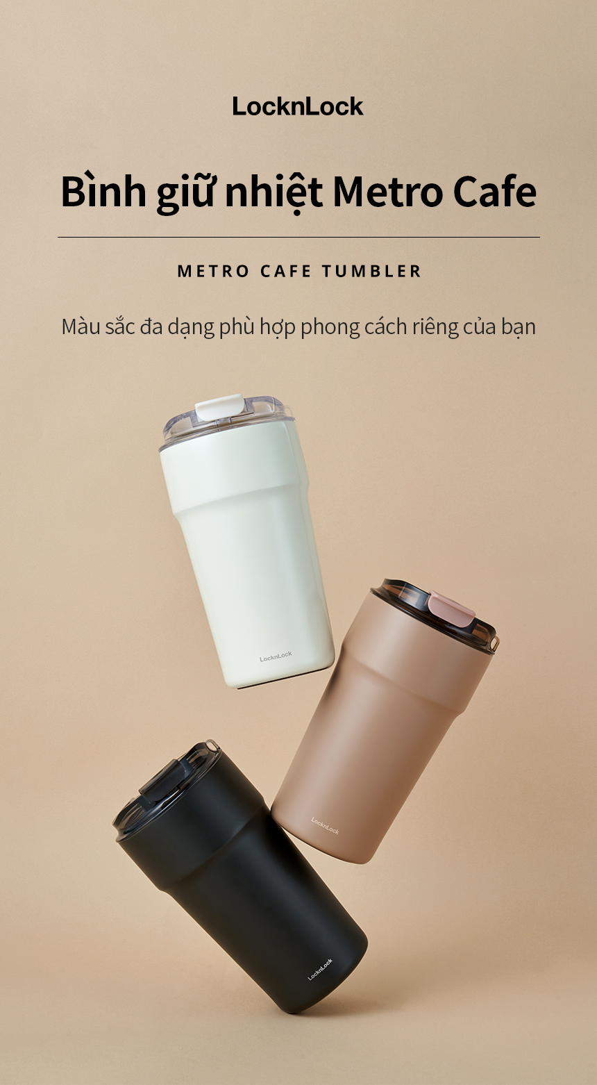 Ly giữ nhiệt 500ml LocknLock màu nâu LHC4357CHO Metro Cafe Tumbler, Hàng chính hãng, Thép 304 không gỉ, có dây đeo tay - JoyMall