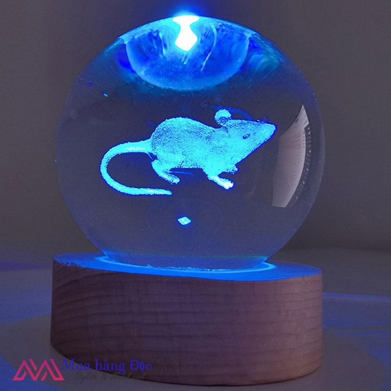 Bộ Quà Tặng Quả Cầu Pha Lê 3D larser LED 12 con giáp tuổi tí (tặng đế đèn + hộp quà)