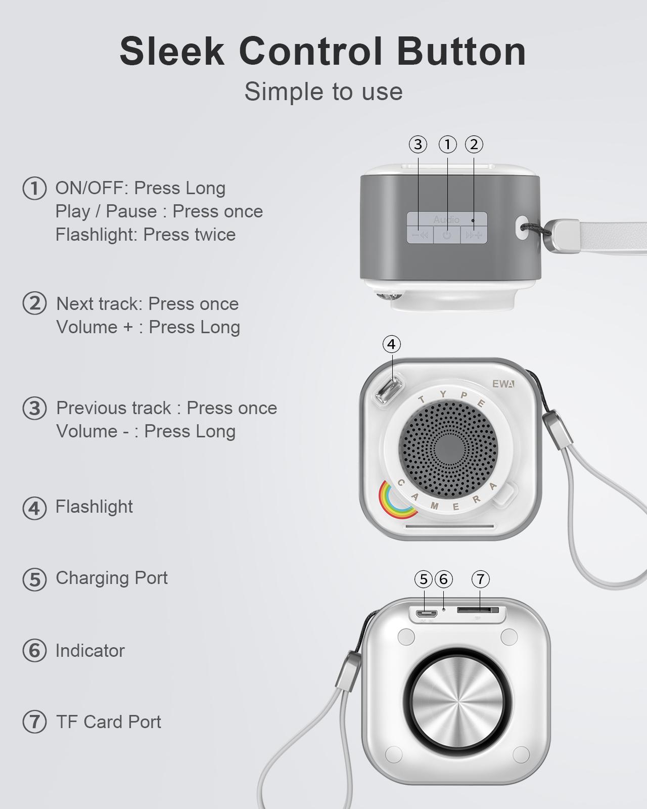 Loa Bluetooth nhỏ EWA với loa không dây âm thanh âm thanh lớn với đèn pin Hỗ trợ thời gian chơi 12 giờ Color: A110-Grey white