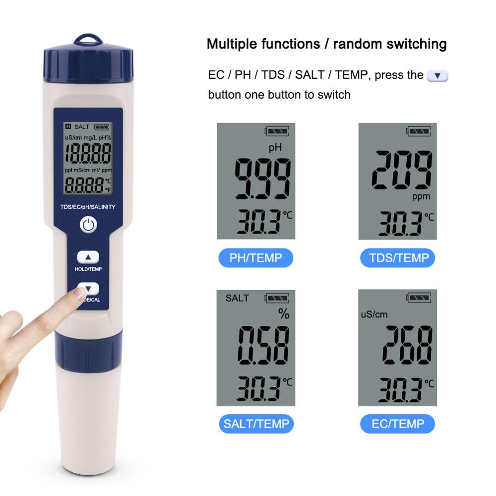 Máy Đo Kiểm Tra Chất Lượng Nước : 5 in 1 , Mới Nhất Với Điện Cực Có Thể Thay Thế, Độ chính xác cao, Có Thể Đo Độ Mặn Nước Biển.