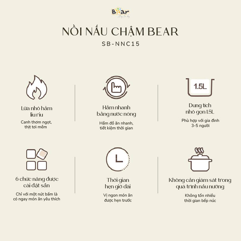 Nồi Nấu Cháo, Nấu Chậm 1.5L Bear SB-NNC15 (120W) - Hàng chính hãng