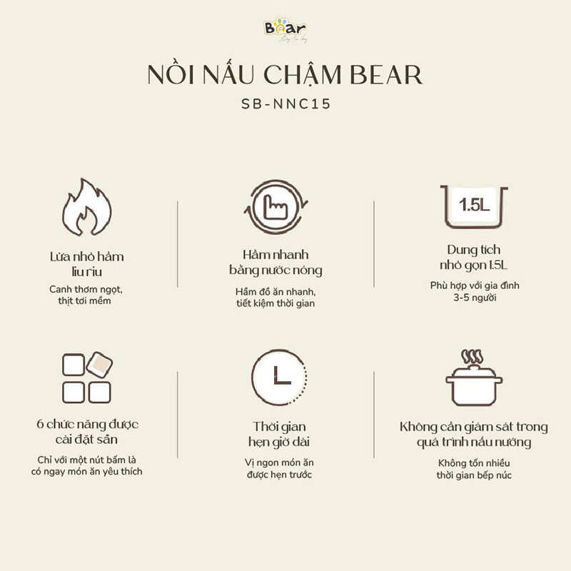 Nồi nấu chậm 1.5L Bear SB-NNC15 (120W) - Hàng chính hãng