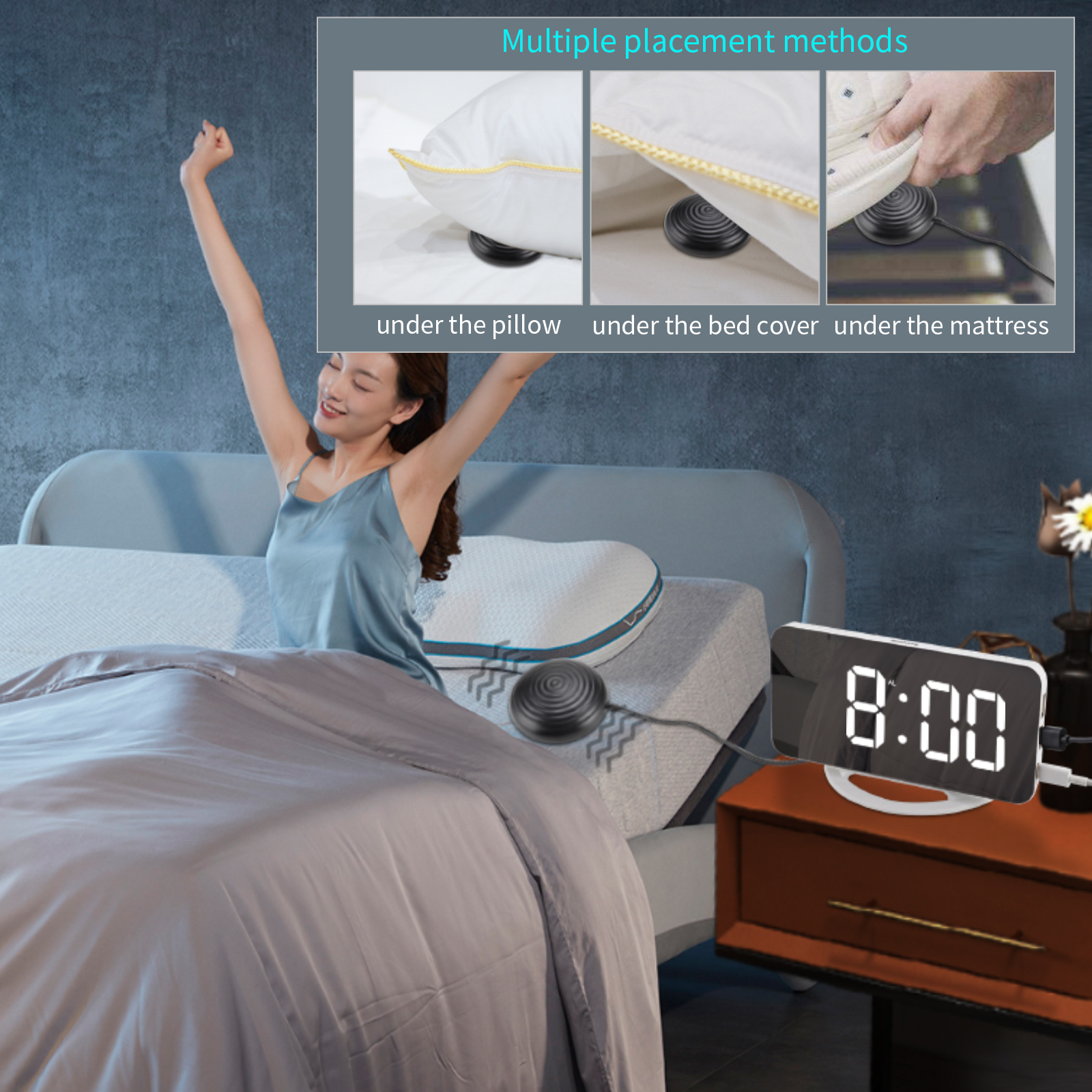 Đồng hồ báo thức rung kỹ thuật số với màn hình gương rõ ràng lớn có thể điều chỉnh Độ sáng, Cổng USB kép, Chế độ báo lại