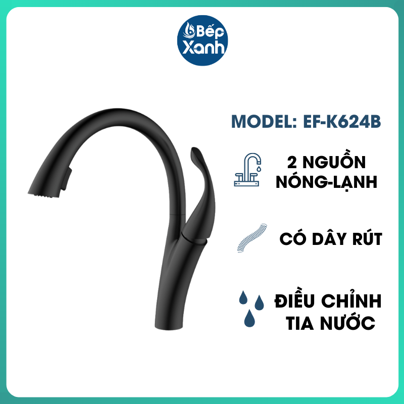 Vòi Rửa Chén Nóng Lạnh Ecalite EF-K624B - Đồng Thau Sơn Đen - Có Dây Rút - Điều Chỉnh Tia Nước - Hàng Chính Hãng