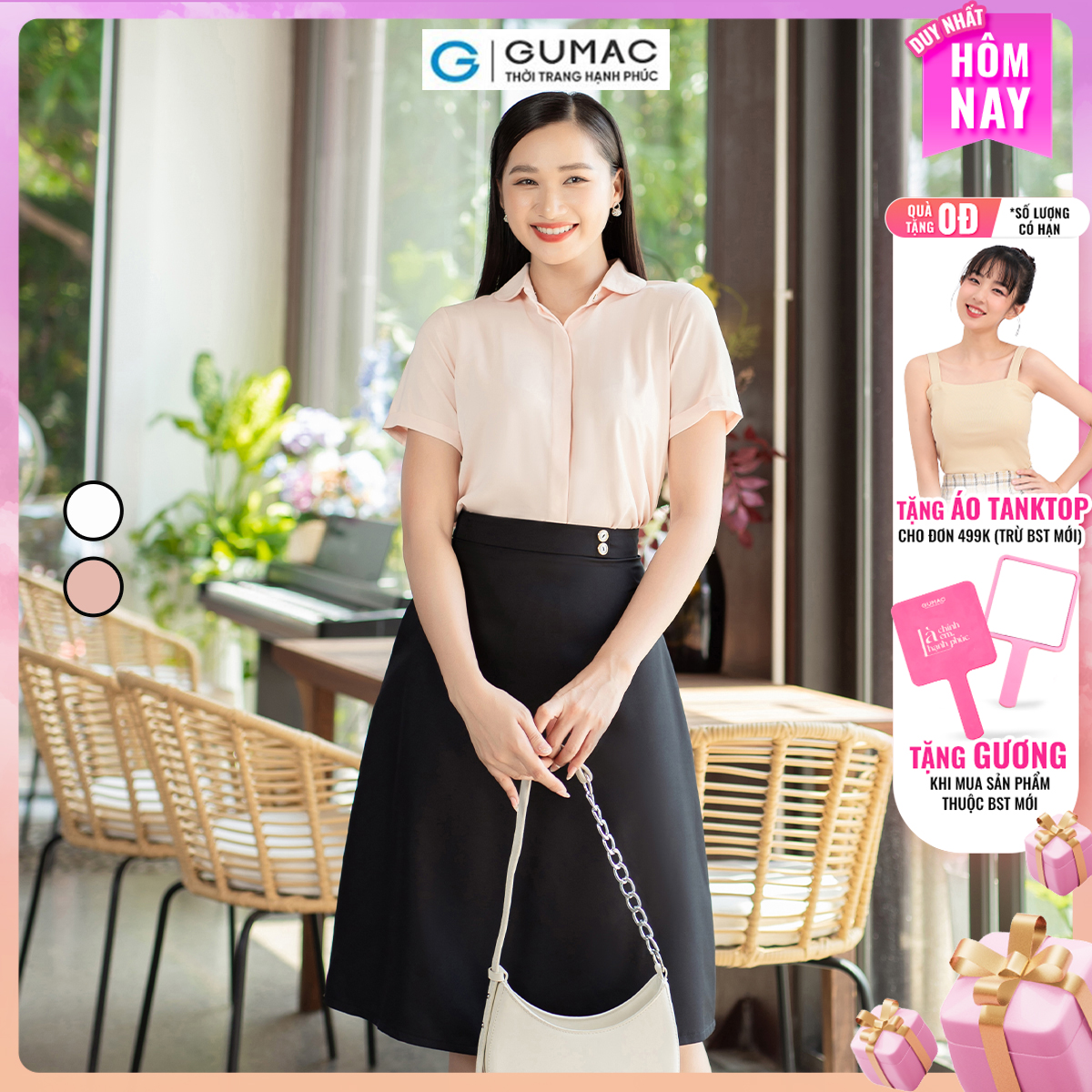 Áo sơ mi nữ tay ngắn lai lật nẹp giấu nút công sở thanh lịch thời trang GUMAC AD07025