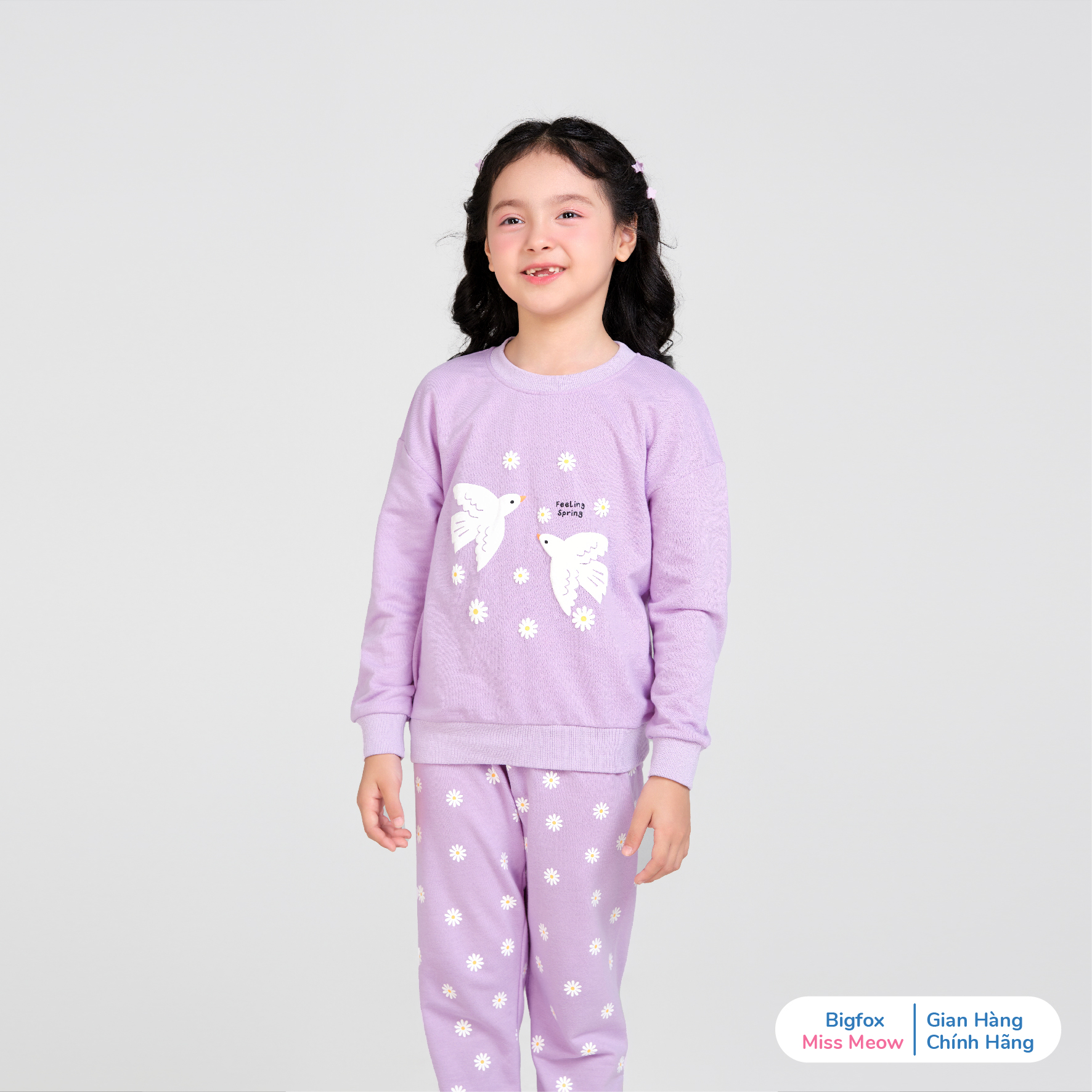 Bộ quần áo nỉ cho bé gái size đại Bigfox Miss Meow thu đông dài tay mặc nhà cỡ trẻ em 3-11 tuổi 35kg