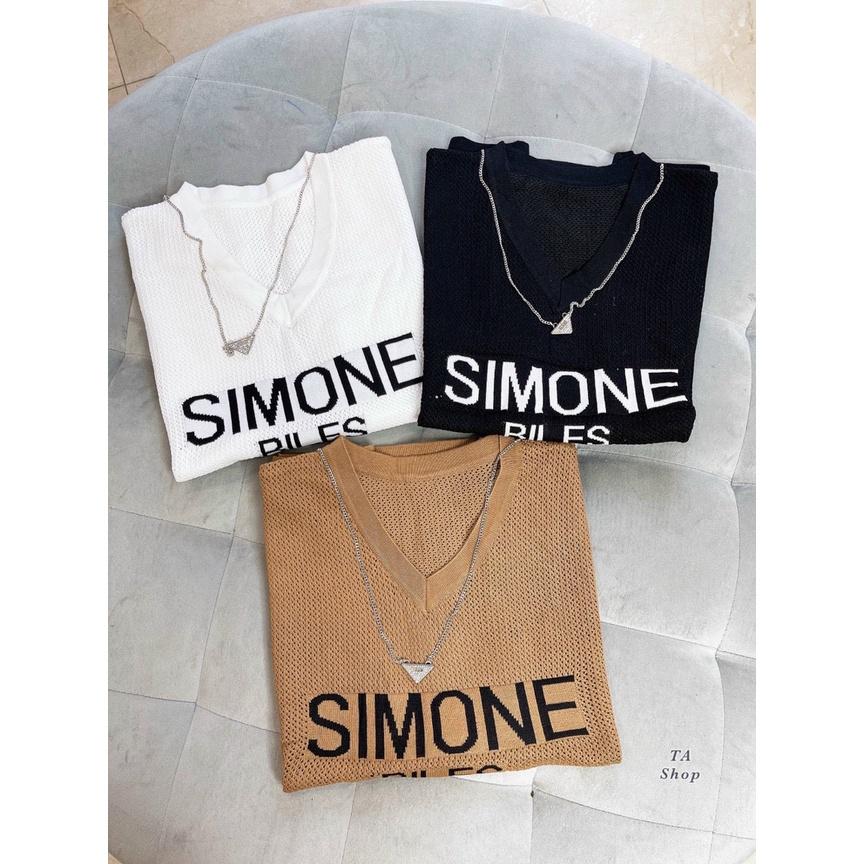 Áo len lưới Simone cổ tim tay hến kèm dây xích hot