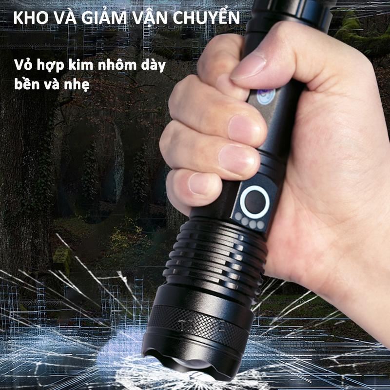 Đèn pin siêu sáng XHP50 bản cao cấp đèn led chiếu xa chống nước, chiếu xa 300m, sạc pin tiện lợi Độ sáng 1800 lumens