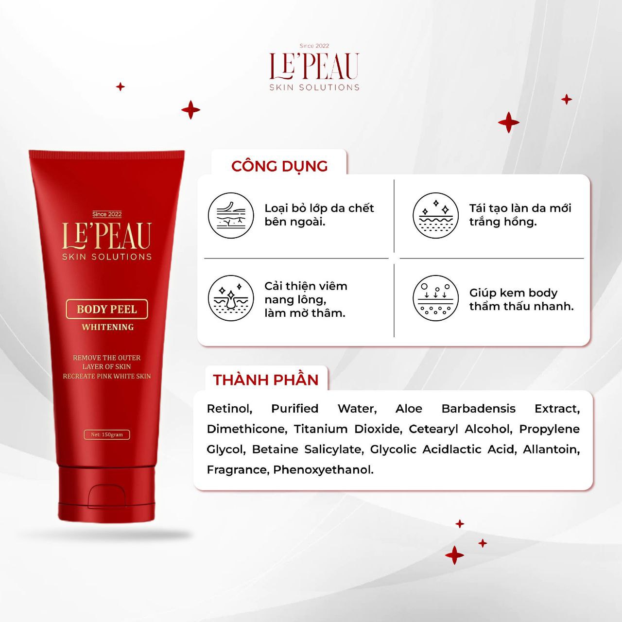 LE'PEAU Peel nách retinol, peel body trắng da mờ thâm sau 7 ngày, kem dưỡng ẩm 150ml