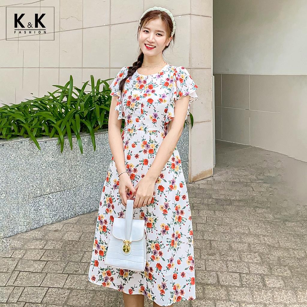 Đầm Xòe Hoa Công Sở Tay Cánh Tiên K&amp;K Fashion KK118-37 Chất Liệu Tằm Ý