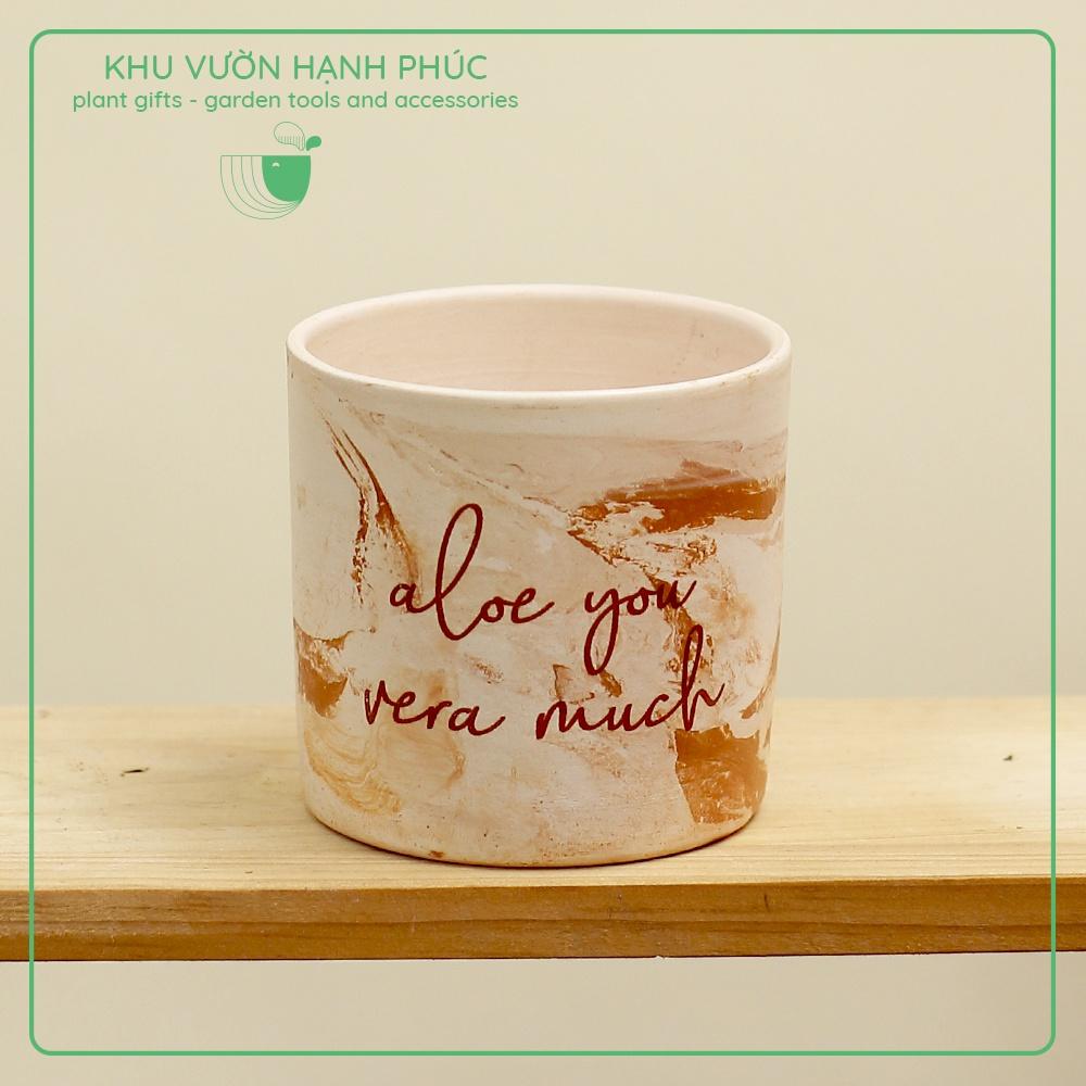 Chậu trụ mini đất nung 2 màu loang in câu nói dễ thương - hoa văn ngẫu nhiên - chậu trồng cây để bàn xinh xắn